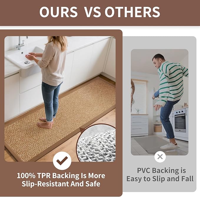 YDKGL Kitchen Runner Rugs Non Slip Washable, Super Absorbent Kitchen Mats for Floor, Rubber Backing Jute-Like Braid Long Sink Mat Standing Floor Mat, Machine Washable, Brown 17"x59"