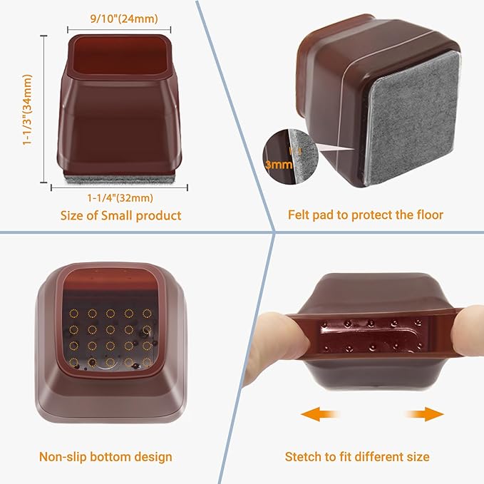 36Pcs Brown Square Chair Leg Floor Protectors, High Elastic Felt Furniture Pads for Hardwood Floors, Silicone Floor Protectors for Chairs, Chair Leg Caps Covers Socks (Small)