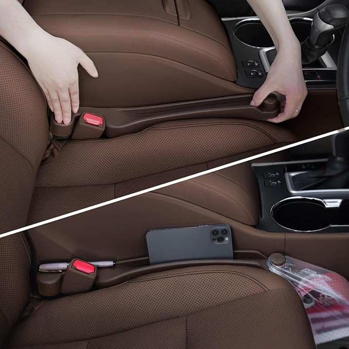 Car Seat Gap Filler Set of 2, 3-in-1 Seat Side Gap Filler Plug with Storage Slot & Hook Function, Soft Foam Universal Fit Car SUV Truck Fill Gap Between Seats Console Organizer (Narrow Deep Brown)