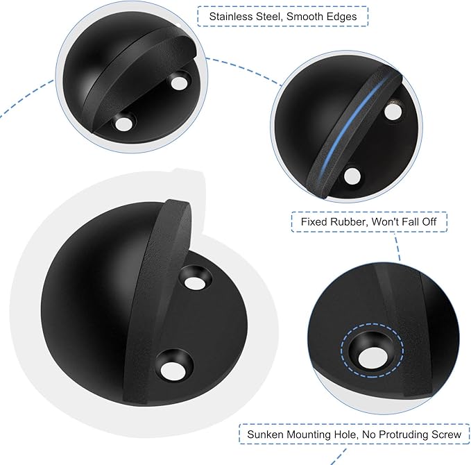 Door Stoppers 3 Pack, Floor Door Stop Stainless Steel Adhesive Floor Mount Doorstops No Drill Rubber Door Stops Holder for Bottom of Door, Black