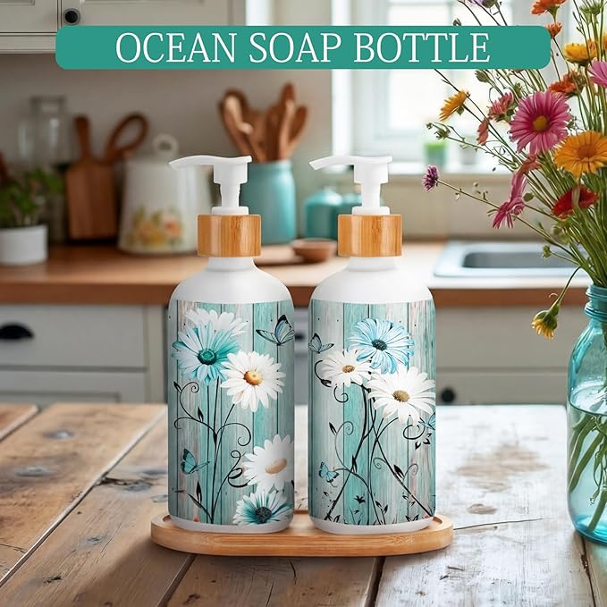 Potchen 2 Pack Glass Soap Dispenser Set Bathroom Decor Housewarming Gift Glass Soap Dispenser with Pump Wood Tray Home Decoration for Kitchen Bathroom (Teal Daisy)