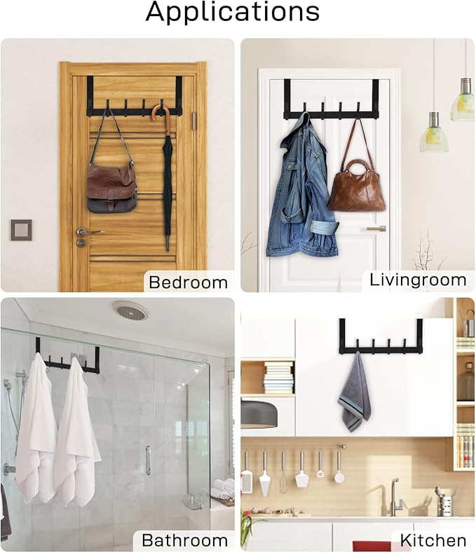 Over The Door Hooks, Door Hanger Hooks for Hanging, Over The Doors Towel Racks for Bathroom with 12 Coat Hook, Coat Rack Dorm Essentials Bathroom Accessories（1 Pack, Black）