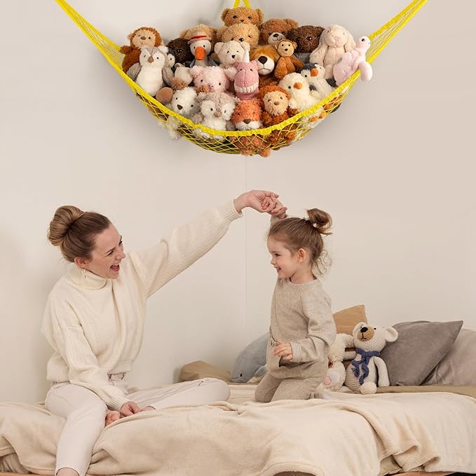 Stuffed Animal Storage Hammock Net Corner - Large Toy Hammock Net for Stuffed Animals Room Decor - Cute Stuff Animal Organizer Holder for Plush Plushie - Kids Baby Nursery Wall Bedroom Home Decor