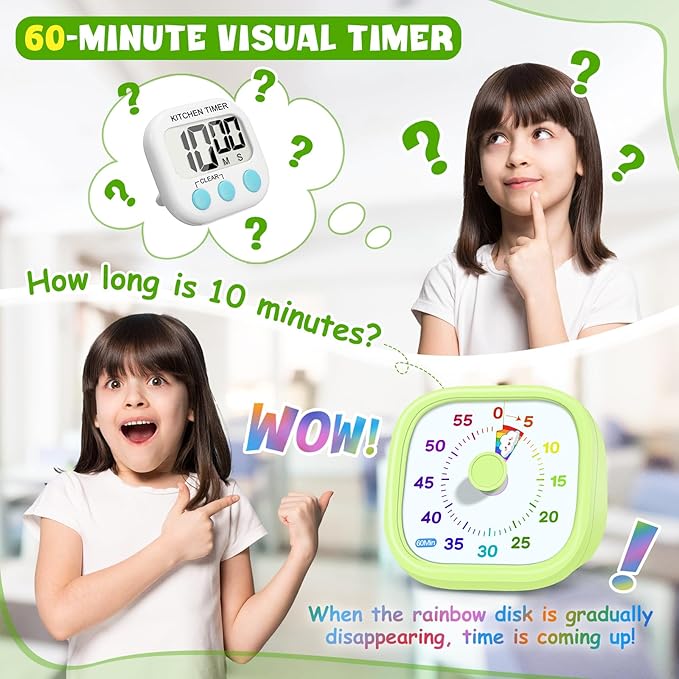 HIPPIH Visual Timer for Kids - 60 Minute Pomodoro Timers for Classroom Kitchen Office, Countdown Kids Timer Clock with Rainbow Disk, Desk Time Management Tool for Toddler with Silent Operation, Green