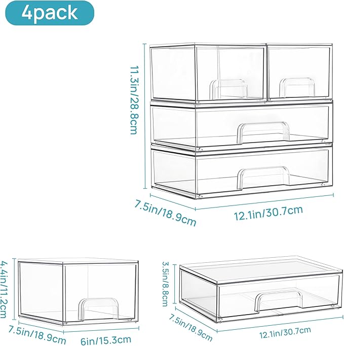 Vtopmart Stackable Storage Drawers Set of 4, Clear Plastic Organizer Bins for Bathroom Supplies, Ideal for Cabinet, Pantry, Laundry Room Organization