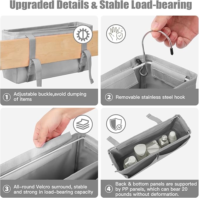 Bedside Caddy Organizer with Fixed Straps, Bunk Bed Caddy ideal for Home, Bunk Bed, Dorm, Hospital, Crib, Versatile Bedside Storage Solution (Grey)