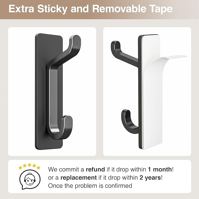 Self Adhesive Wall Hooks for Hanging: Extra Strong 13 LB, Hook for Coat, Towel in Bathrooms, Shower, Kitchen, Wall, Door Hook, Black 4 Pack