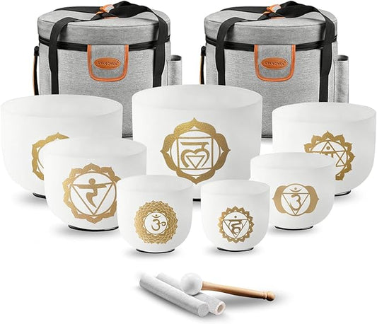 RYAN DVAN 432 hz 7-12 Inch Set of 7 Gold Chakra Design Quartz Crystal Singing Bowl Chakra Set with Free 2 pcs Carrying Case