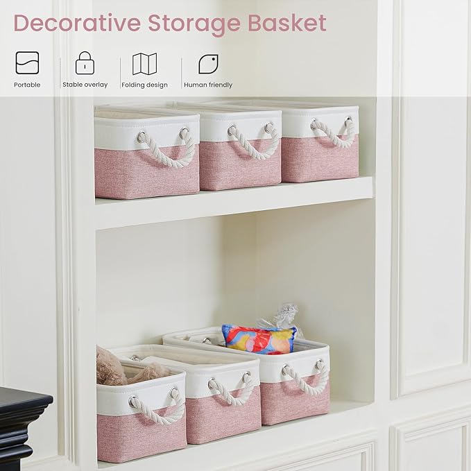 VQRTEXA Storage Baskets for Shelves 11.8x7.9x5.2 Inch, Foldable Fabric Storage Bins with Handles, Small Storage Baskets for Organizing Closet, Bathroom, Office, Home Organization (3-Pack, White&Pink)