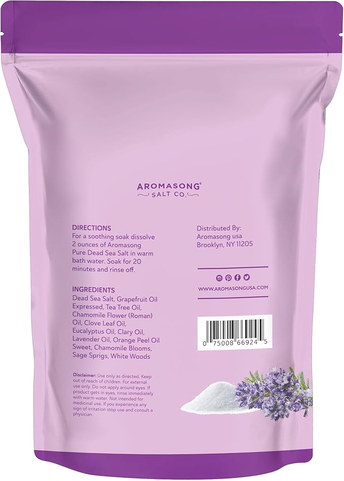 Aromasong Dead Sea Salt for Soaking with Natural Lavender Essential Oil – 14 Oz. Spa Bath Salt Fine Grain 7 Uses Per Pack - for Body Wash Scrub - Soak for Women & Men for Tired Muscles & Skin Issues