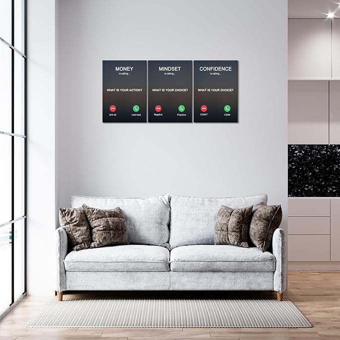 KAWAHONE 3PCS Motivational Canvas Wall Art, Positive Affirmation Poster -Money is calling Mindset Confidence -Inspirational Quotes Posters for Home Office Workplace Ready to Hang