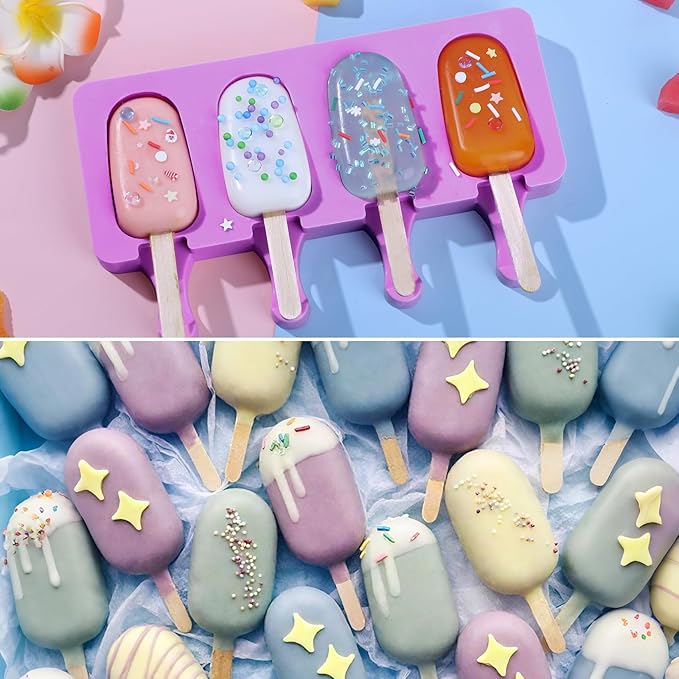 Ouddy Life Popsicle Molds Set of 2, Ice Pop Molds Silicone 4 Cavities Ice Cream Mold Oval Cake Pop Mold with 50 Wooden Sticks for DIY Popsicle (Purple)