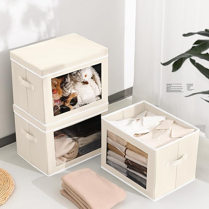 Stackable Storage Bins with Lids - Medium Storage Box with Lids, Foldable Closet Boxes for Organizing, Wardrobe Clothes Organizer with Window, Fabric Bins for Living Room, 6 Pack, Beige