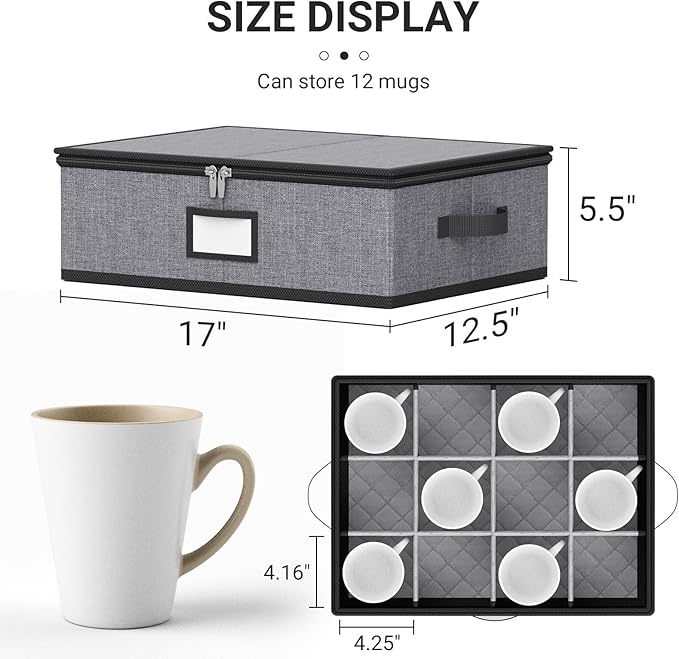 MISSLO Large Capacity China Storage Containers Hard Shell Plate Storage Containers, Kitchen Packing Moving Boxes for Dishes, Dinnerwares, Mugs Protectors, Grey, Mug Storage