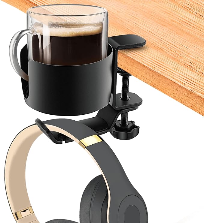 OOKUU 2-in-1 Desk Cup Holder with Headphone Hanger, Anti-Spill Cup Holder for Desk or Table, Easy to Install, Sturdy and Durable, Large Enough to Hold Coffee Mugs, Water Bottles, Headphones