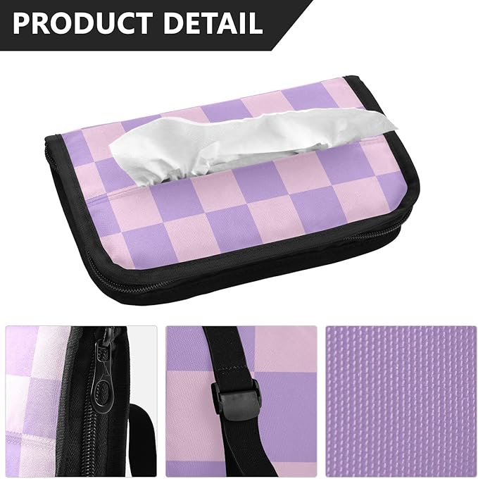 Car Tissue Holder Car Napkin Holder Car Tissue Box Dispenser Storage Case Sun Visor Mask Holder with Adjustable Straps Reusable Refillable Checkered Purple