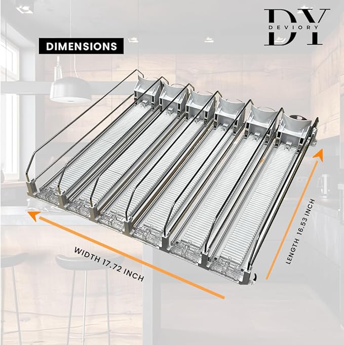 Deviory - Soda Can Organizer with Automatic Can Pusher | Refrigerator Drink Organizer | Beverage Dispenser for Soda, Cans and Bottles | Space-Saving | Stainless Steel | Adjustable Sizes | 6 Rows