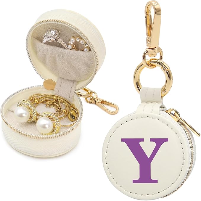 Mini Initial Travel Jewelry Case Ring Holder, Beige Faux Leather Small Jewelry Organizer Box Gifts for Women Girls Nurse Teacher, Gym Travel Accessories Keychain Pouch for Earrings Rings Necklace Y