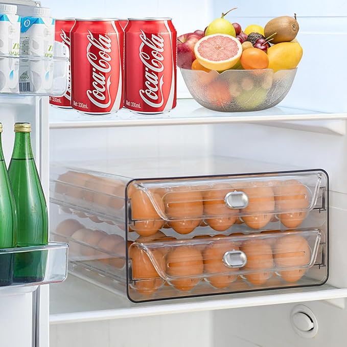 MFBJXC Egg Holder for Refrigerator,60 Eggs Clear Drawer Organizer,2 Layer Stackable Egg Holder Egg Trays,Egg Storage Container with Time Scale for Fridge Countertop Cabinet