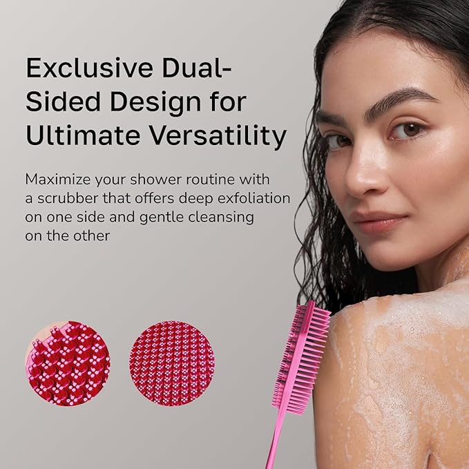 Silicone Back Scrubber with Long Handle - Octagon Body Brush for Shower, Bath, and Exfoliating - Skin Cleansing, Back Scrub and Gentle Silicone Sponge - Wash Your Body with Easy Reach - Rose