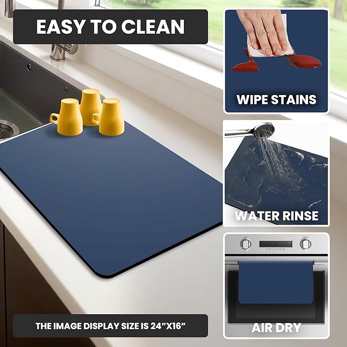 Dish Drying Mat Super Absorbent – 17" x 31" Coffee Mat for Countertops – Non-Slip Drying Mat for Kitchen Counter – Easy to Clean Water Absorbent Mat – XLarge Dish Drying Mats (Navy Blue)