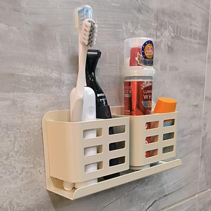 Aluminum Toothbrush Holder, Self-Adhesive Wall Mount Bathroom Organizer for Toothbrush, Razor, Comb & Toothpaste. (Cream White