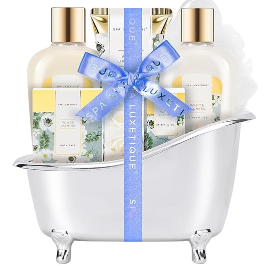 Spa luxetique Bath and Body Gifts for Women 8pcs Jasmine Scented Spa Sets with Bubble Bath Gift Baskets for Women Mother's Day Gifts for Mom