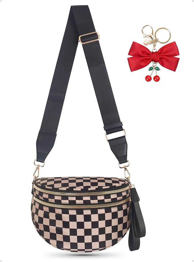 Checkered Crossbody Bag Bum Bag for Women, Spacious Sling & Stylish Bum Bag for Travel, Concerts, Festivals, Nylon Fanny Pack Belt Bag