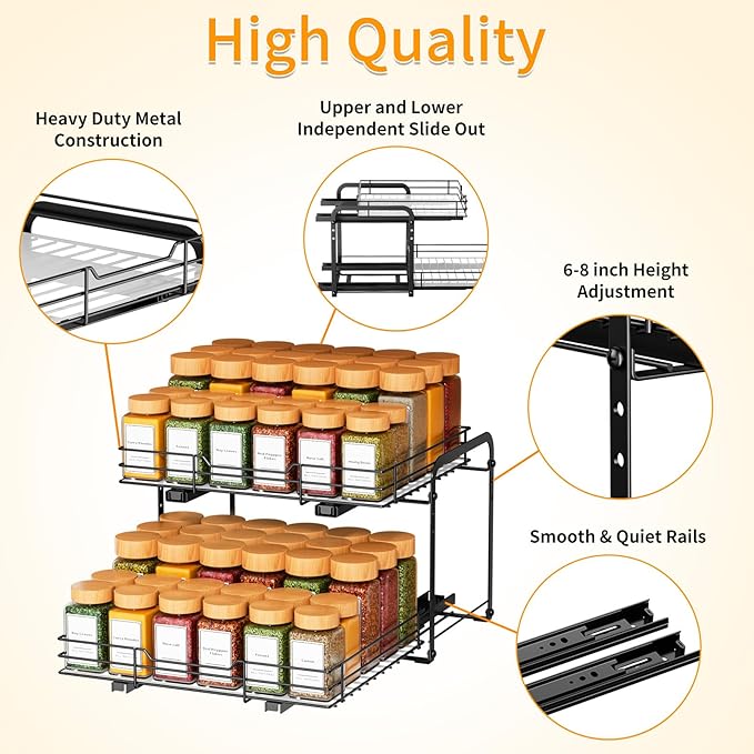 RCHYFEED Spice Organization for Cabinet, 2 Tier Pull out Spice Rack Organizer for Inside Cabinets & Pantry, Slide out Heavy Duty Spice Shelf Rack for Kitchen Seasoning (11.5" Wx10.5 Dx9.5 H)