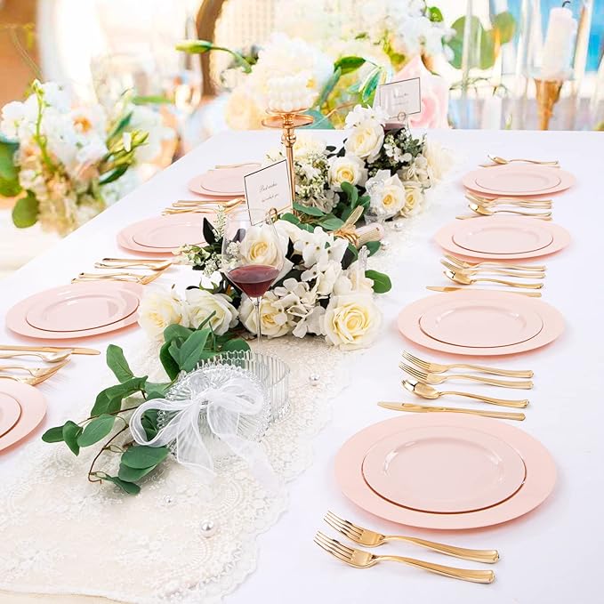 FLOWERCAT 60PCS Pink Plastic Plates - Heavy Duty Pink Disposable Plates for Easter Party & Valentine's Day/Wedding - Serving 30 Guests, Includes 30PCS 10.25inch & 30PCS 7.5inch