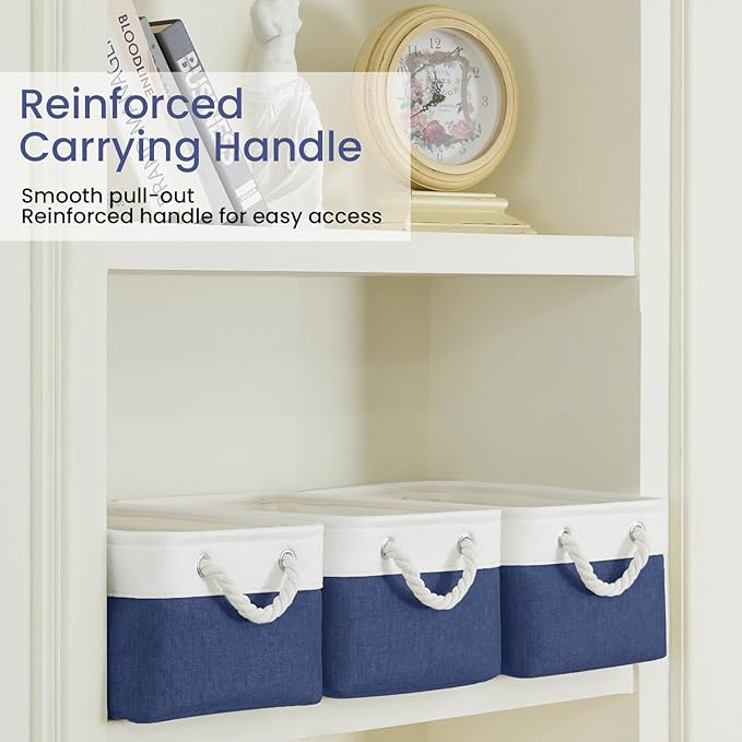 VQRTEXA Storage Baskets for Shelves 13.8x9.8x6.7 Inch, Foldable Fabric Storage Bins with Handles, Small Storage Baskets for Organizing Closet, Bathroom, Office, Home Organization (3-Pack, White&Blue)