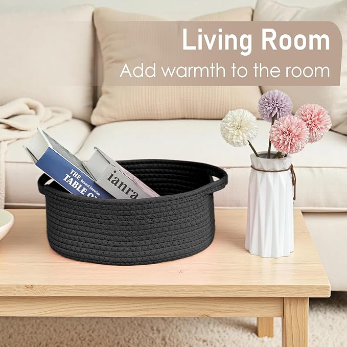 Woven Basket,Small Rope Storage Bin with Handles & Ribbon Bag, Organizer for Shelves Closets,Gift Basket Empty for Birthday,Books,Dog Toys, Black/3 Pack
