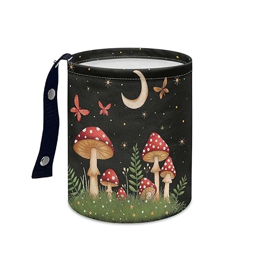 Panskyllis Cute Mushroom Moon Auto Garbage Bag Trash Can Leak Proof Waste Basket Container Bag Bin Hanging Cup Holder Organizer with Strap Mini Car Interior Accessories for Auto, Camping, Travelling