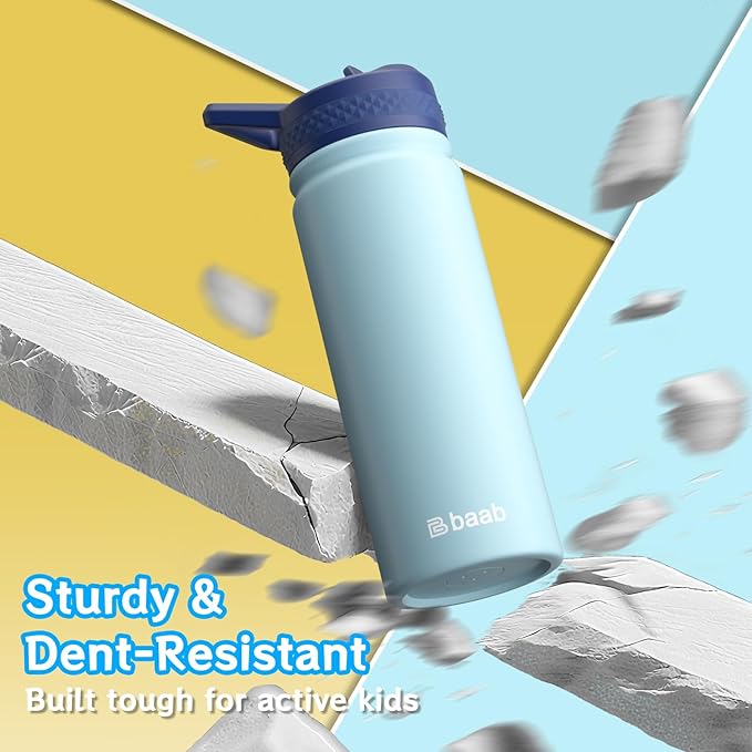 baab 18oz Kids Water Bottle, Insulated Water Bottle with Straw & Stickers, 18/8 Stainless Steel Vacuum Leakproof Kids Water Straw Cup for School, Perfect for Boy Girl (Light Blue, 1 Pack)