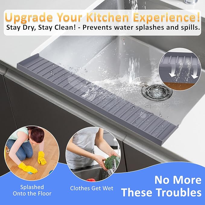 AyNirser Sink Edge Protector with Suction Cup 4"x24", Silicone Sink Splash Guard for Kitchen & Bathroom, Protect Countertop from Scratches, Stains, for Stainless Steel Granite Quartz-Grey