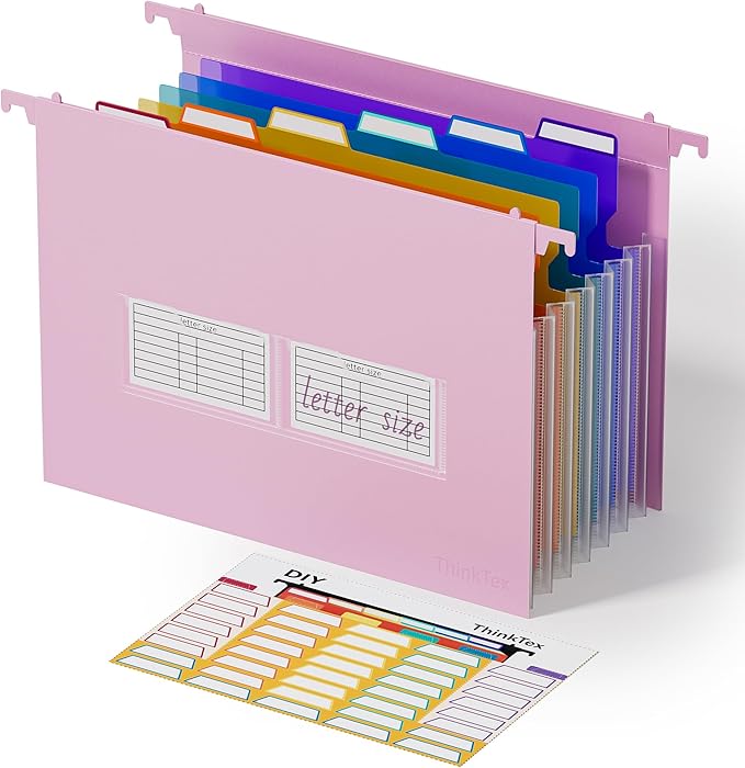 ThinkTex Plastic Expanding Hanging File Folders, 7 Innovative 1.2" Accordion Pockets, Large Capacity, Multi-Color Tabs, Letter Size for Filing Cabinet - Purple