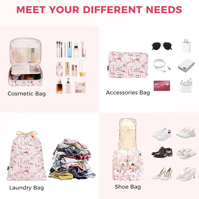 BAGAIL 8 Set Packing Cubes Luggage Packing Organizer Bags for Travel Accessories - Pink Flamingo