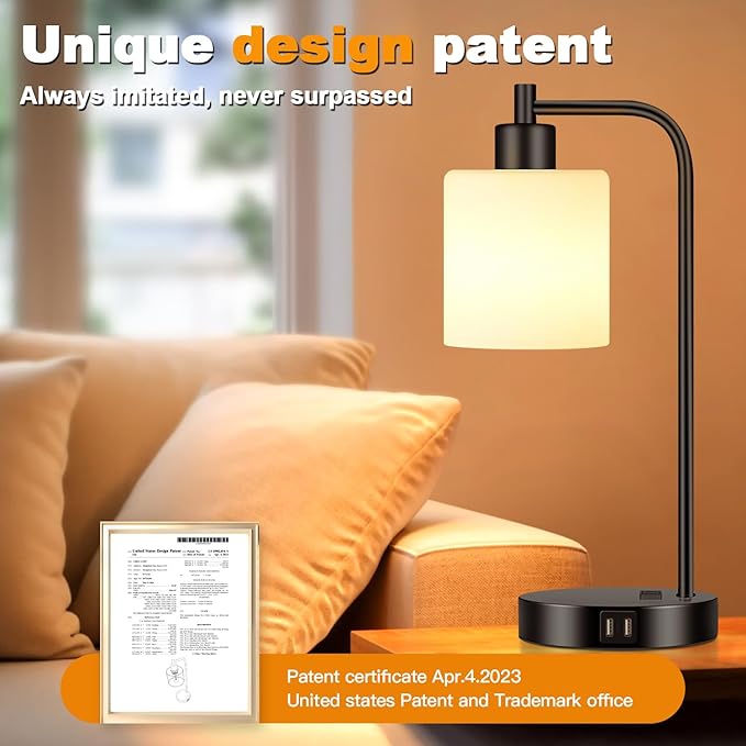 Set of 2 Industrial Touch Control Table Lamps with 2 USB Ports and AC Outlet - 3-Way Dimmable Black Bedside Lamp Nightstand Desk Lamps for Bedroom Living Room, Opal Glass Shade & 2 LED Bulbs Included