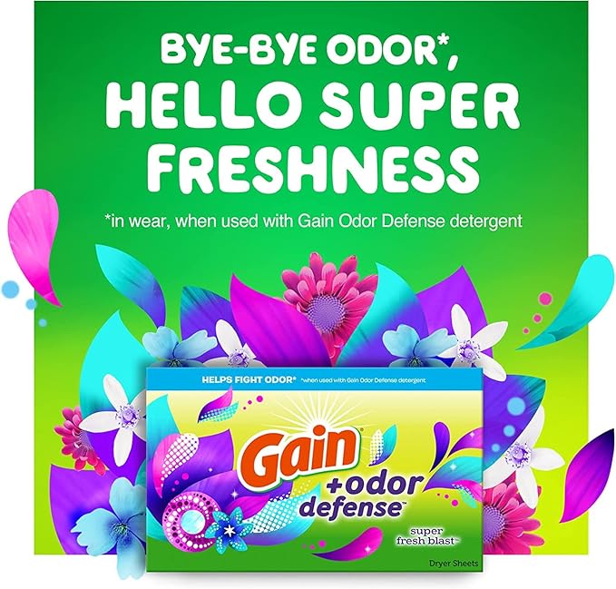Gain Dryer Sheets Plus Odor Defense,Super Fresh Blast Scent,Helps fight static and odor,laundry sheets,240 Count (Pack of 4)