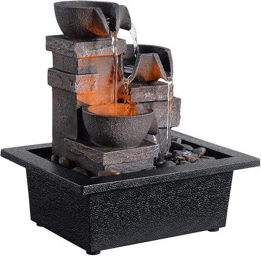 Indoor Fountain 3-Bowl Rockery Soothing Sound Tabletop Fountains Home/Office Decor with Natural River Rocks LED Lights Automatic Watering Pump(22044A)