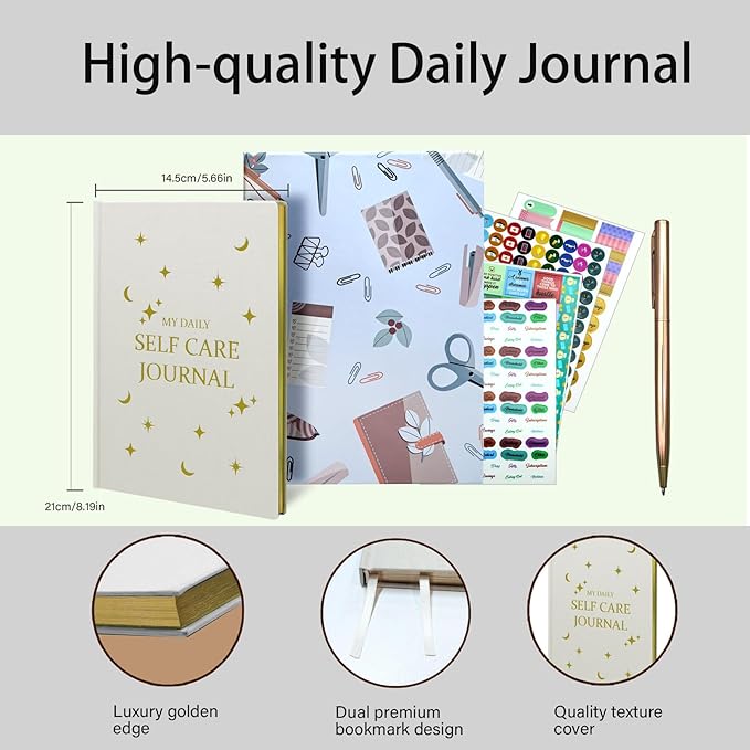 Gratitude Journal, Daily Reflection Journal for More Happiness, Mindfulness & Affirmation, Self Care Journals for Women & Men, 6 Inspirational Stickers and Ballpoint Pen, Beige