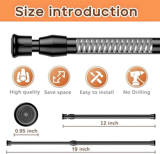 AIZESI 4PCS Black Tension Curtain Rods No Drilling Small Tension Rods 12 to 19 Inch Spring Loaded Curtain Rod Spring Rods Mini Tension Rods for Small Windows Closet Cupboard