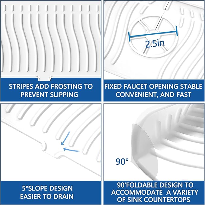 EBIGIC Kitchen Sink Splash Guard - 24 x 5.8'' Ultrathin Silicone Sink Mat Splash Guard fit for Countertop, Bathroom, Farmhouse, RV (White)