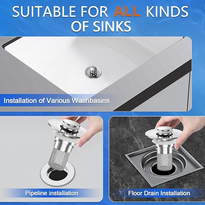 Sink Stopper Hair Catcher, Pop-up Sink Drain Strainer with Removable Stainless Steel Strainer Basket Hair Catcher, Bathroom Sink Strainer for Bathroom Sink Stopper Replacement (3PCS)