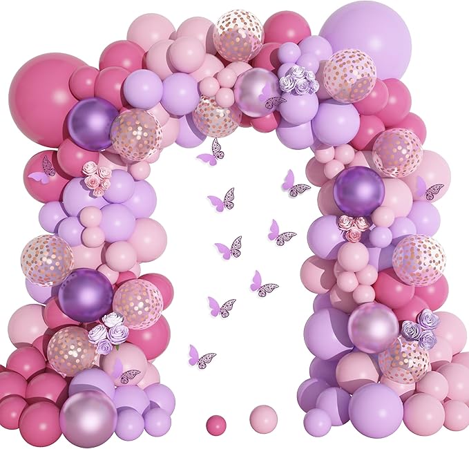 Amandir 175Pcs Pink and Purple Balloon Garland Arch Kit Butterfly Baby Shower Decorations for Girl, Lavender Purple Dusty Pink Balloon for Women Birthday Bridal Shower Wedding Party Supplies