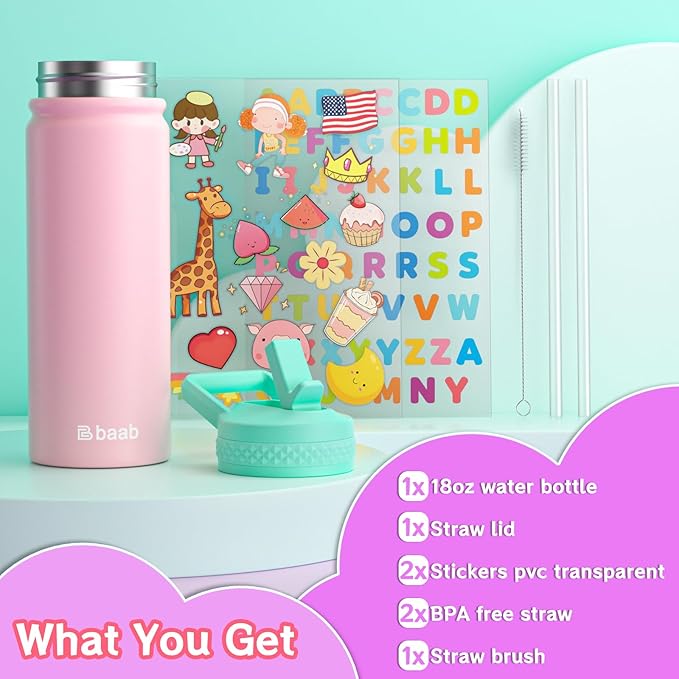 baab 18oz Kids Water Bottle, Insulated Water Bottle with Straw & Stickers, 18/8 Stainless Steel Vacuum Leakproof Kids Water Straw Cup for School, Perfect for Boy Girl (Navy Blue+Pink, 2 Pack)