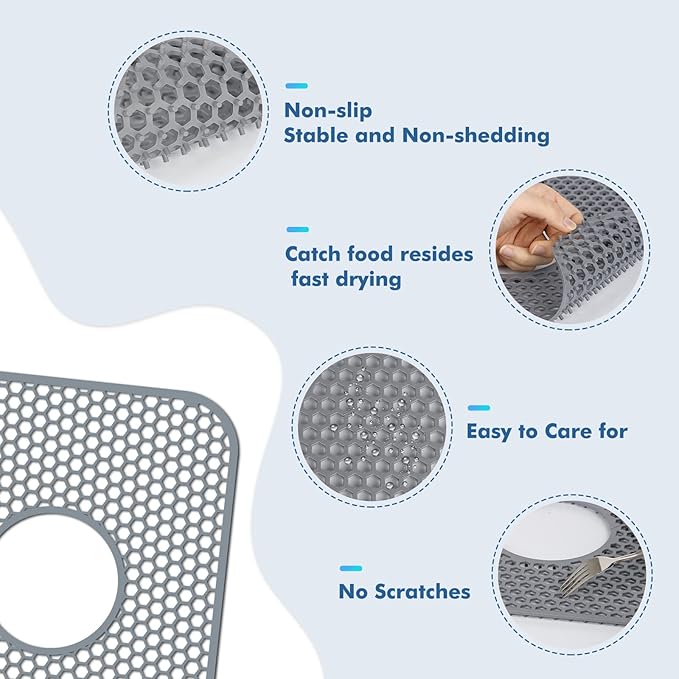 2 Pack Silicone Sink Protectors for Kitchen Sink with Center Drain, 13.58''x 11.6'' Non-Slip Heat Resistant Mat Grid for Bottom of Stainless Steel Porcelain (Center Hole)