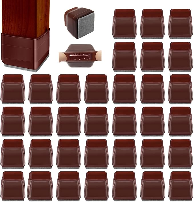 36Pcs Brown Square Chair Leg Floor Protectors, High Elastic Felt Furniture Pads for Hardwood Floors, Silicone Floor Protectors for Chairs, Chair Leg Caps Covers Socks (Small)