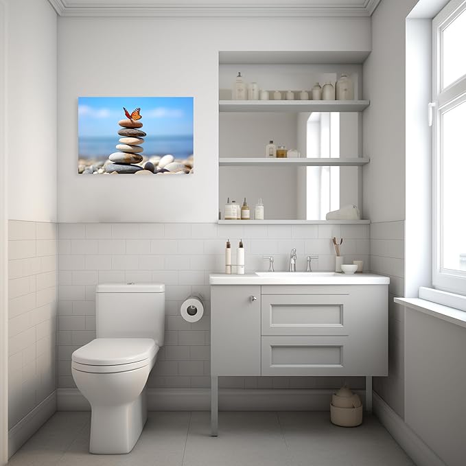 ARTZGX Zen Stone Wall Art Canvas Spa Bathroom Pictures Butterfly Print Meditation Still Life Painting for Yoga Room Decor Frame(Zen - D 24.00" x 36.00")