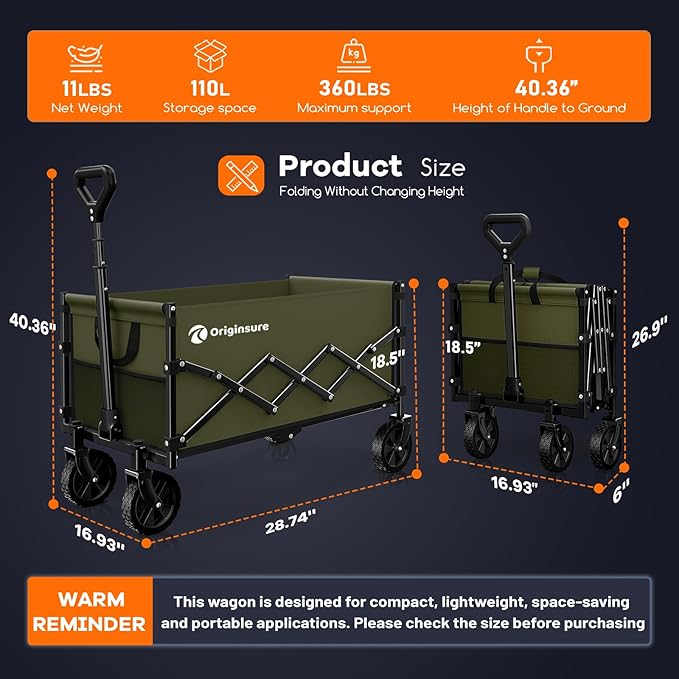 Originsure Collapsible Wagon Cart Foldable - Lightweight Portable Heavy Duty Folding Beach Wagons with Wheels - Outdoor Utility Carts for Grocery, Camping, Shopping, Sports with Large Capacity - Green